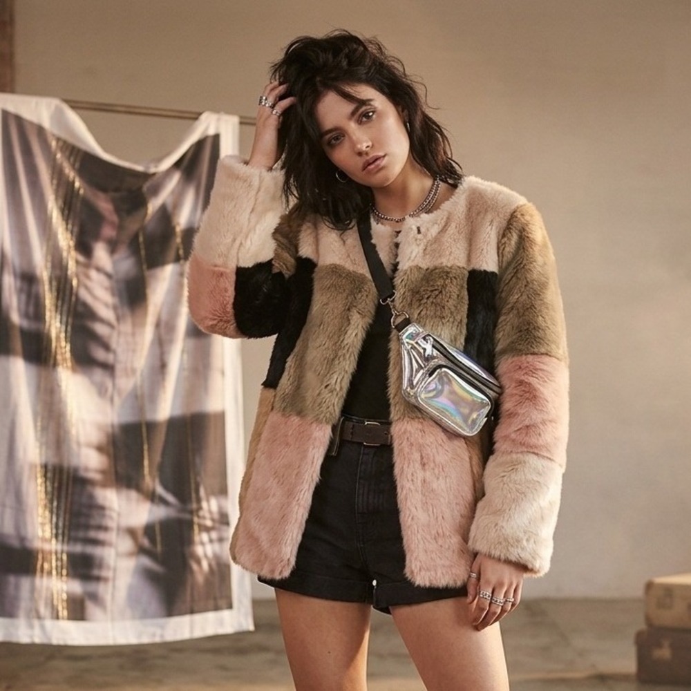 WD·NY Womens M Faux Fur Patchwork Jacket Colorblock Coat Teddy Y2K Glam Festival